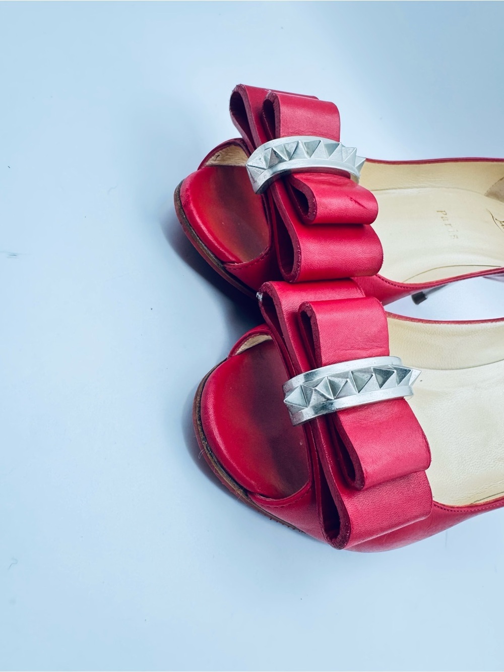 Christian Louboutin Red Leather Bow 70mm Studded Heels Pumps Size 38.5 - Picture 5 of 10